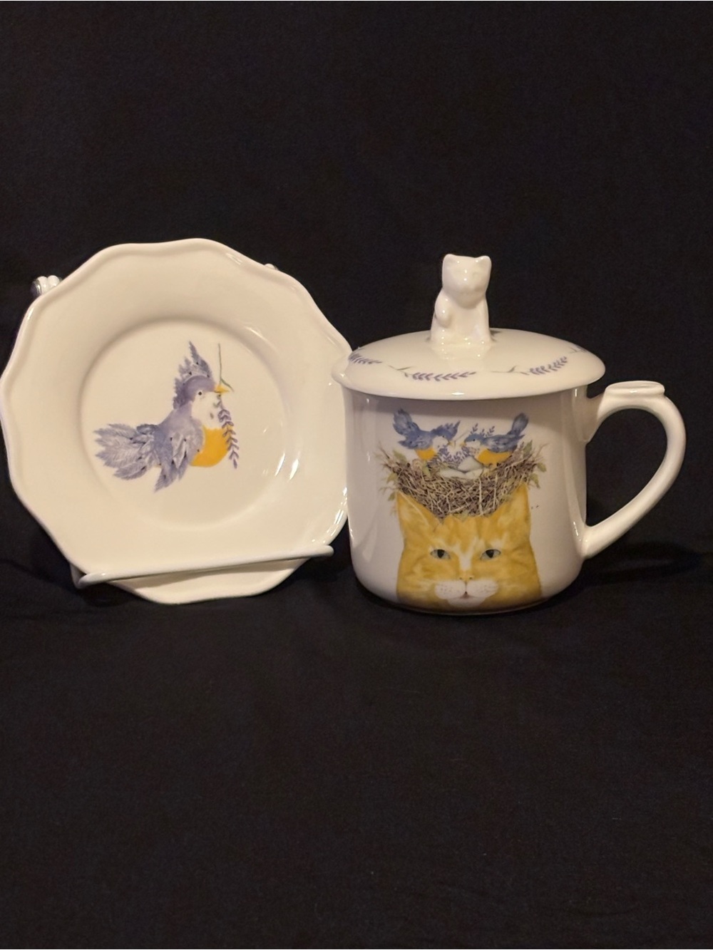 Creative Co-op Cat & Bird Nest Ceramic Lidded Cup & Saucer Set
